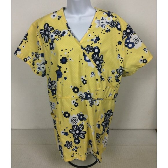 Cherokee Tops - Cherokee Scrub Top Women Size XL Yellow w Black White Flowers Pockets Tie Back